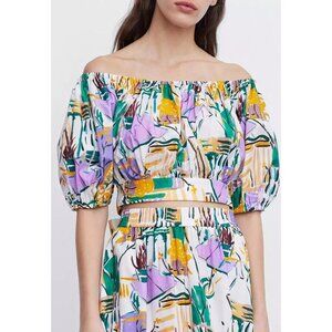 Urban Revivo Women's Abstract Print Top Purple Green Tie Size 4 NWT